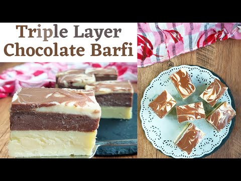 Triple Layer Chocolate Barfi | layered chocolate barfi with milk powder
